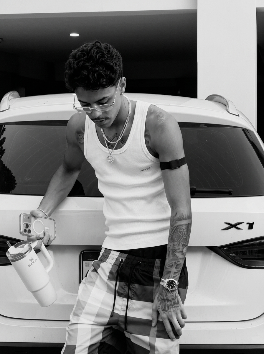 Foto real de lifestyle em frente ao carro